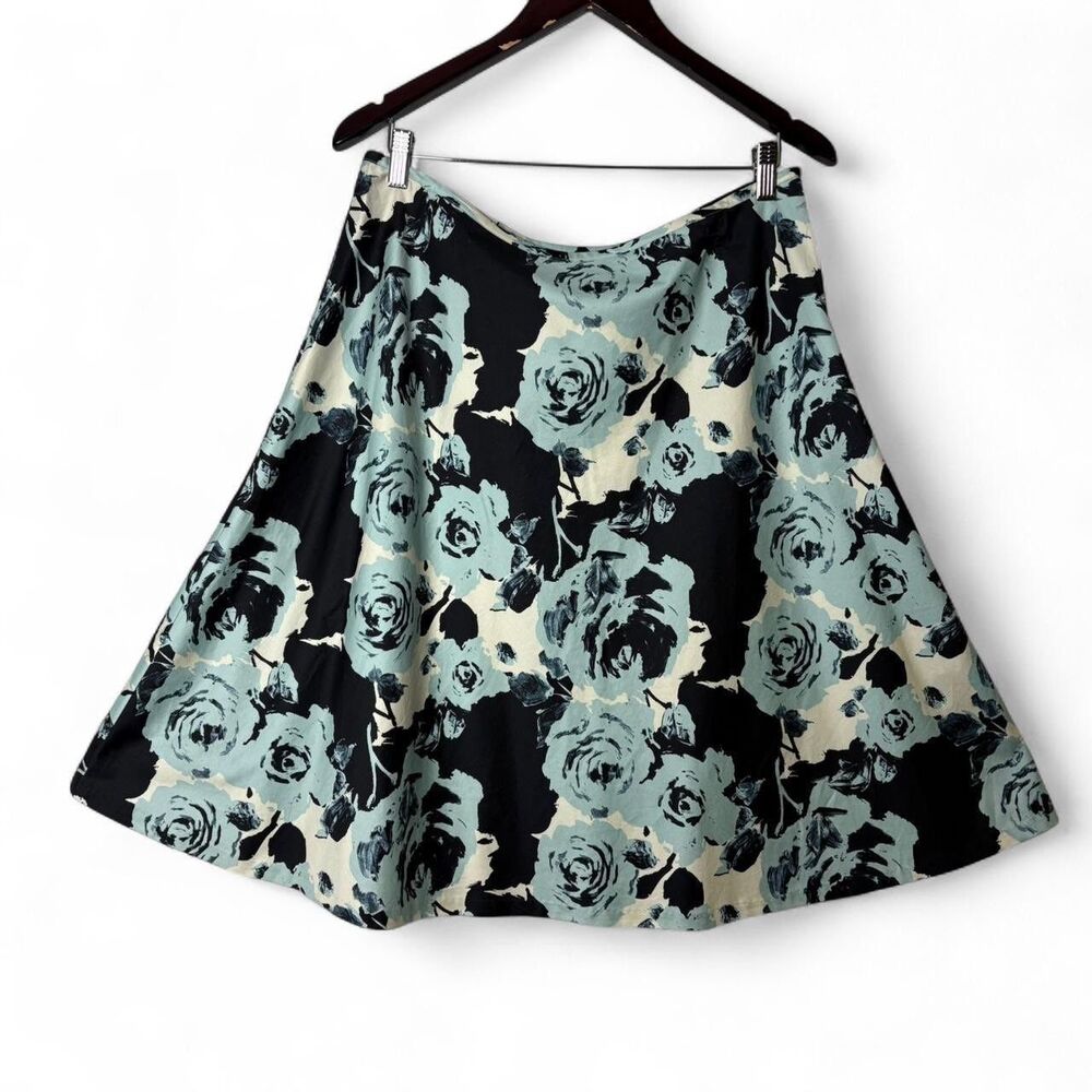 Romantic Blue Rose Floral Cotton Midi Skirt, Relaxed Fit Flare Talbots Size 12
